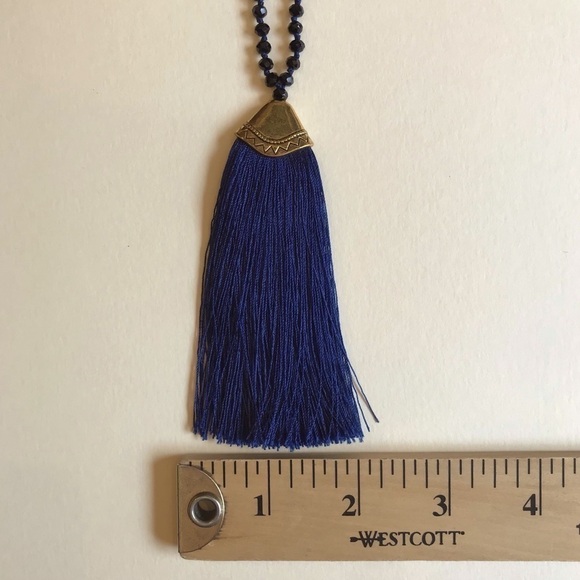 Hand Knotted Tassel Necklace in Black, Blue & Brass, 34”, Great Condition - Picture 9 of 10